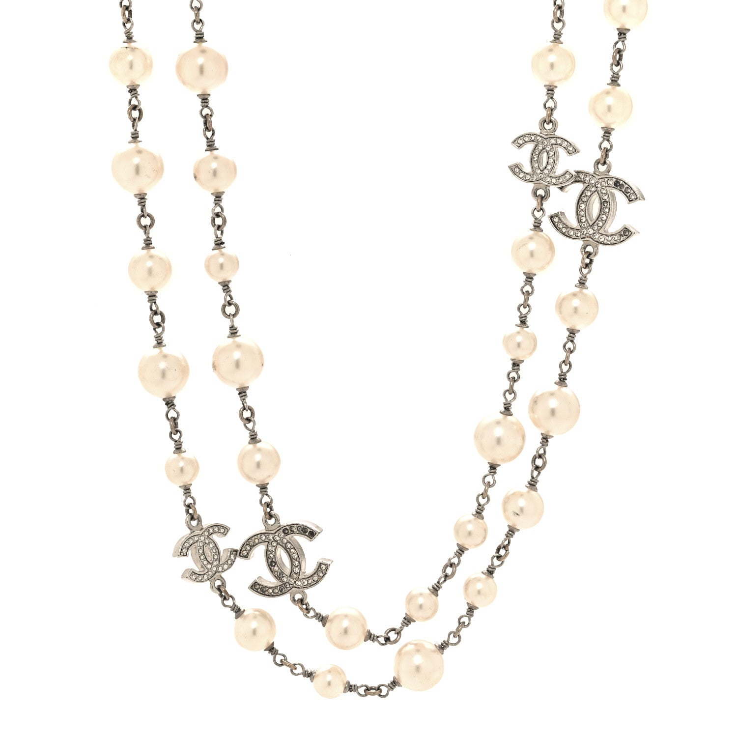 Chanel Graduated Pearl Crystal CC Long Necklace Silver 1 of 6