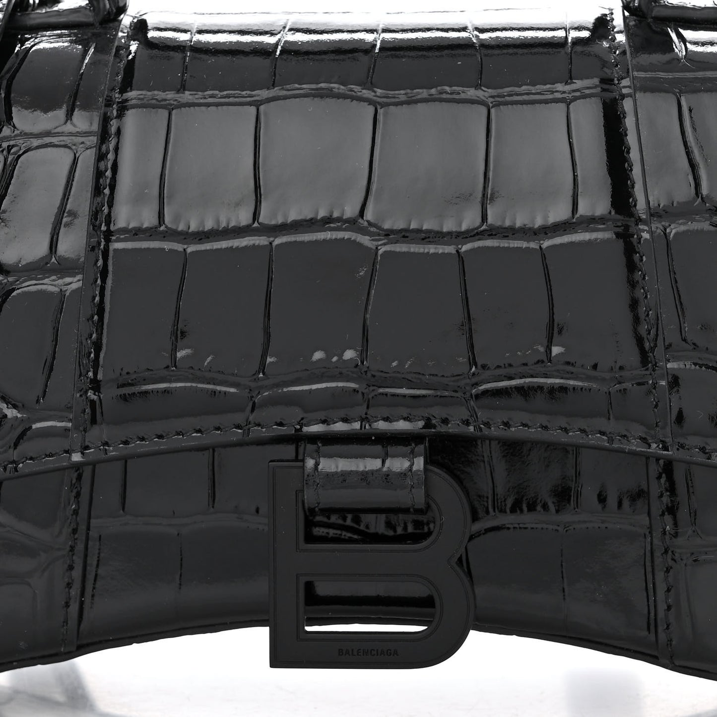 Shiny Calfskin Monochrome Crocodile Embossed Hourglass Top Handle Bag XS Black