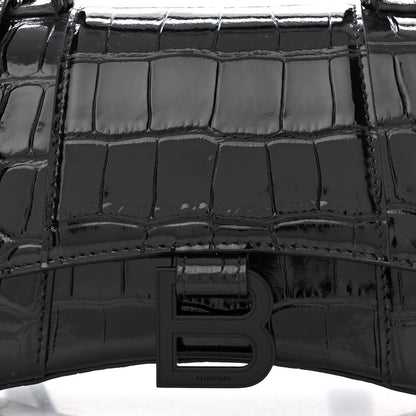 Balenciaga Shiny Calfskin Monochrome Crocodile Embossed Hourglass Top Handle Bag XS Black 9 of 11