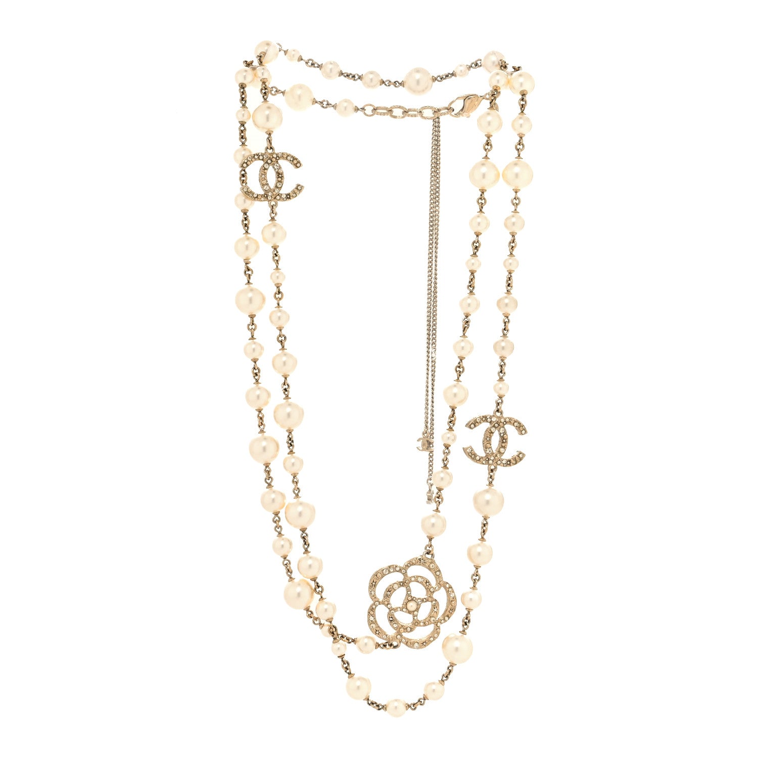 Chanel Pearl Crystal Camellia CC Necklace Gold 3 of 6