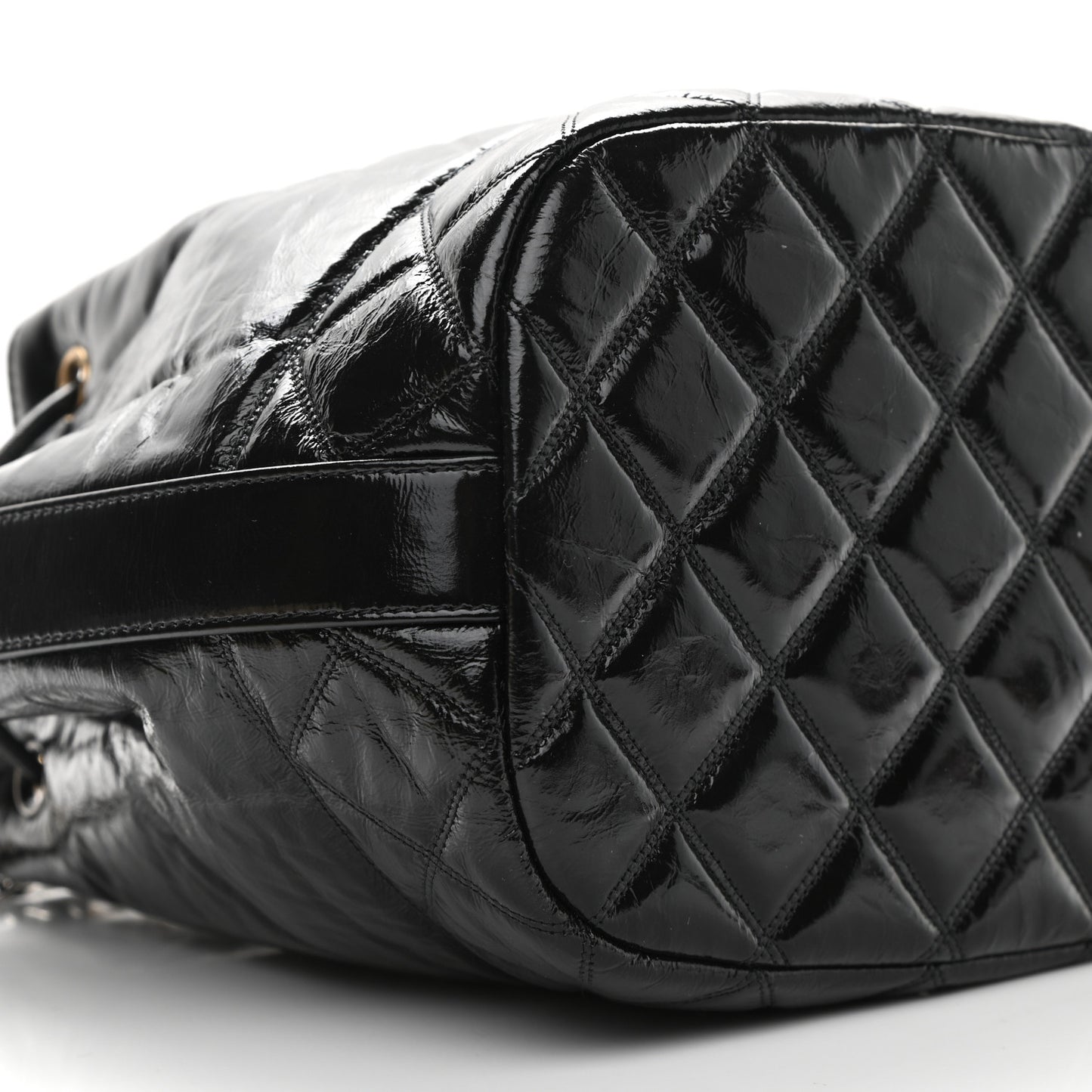 Shiny Aged Calfskin CC Chain Drawstring Bag Black