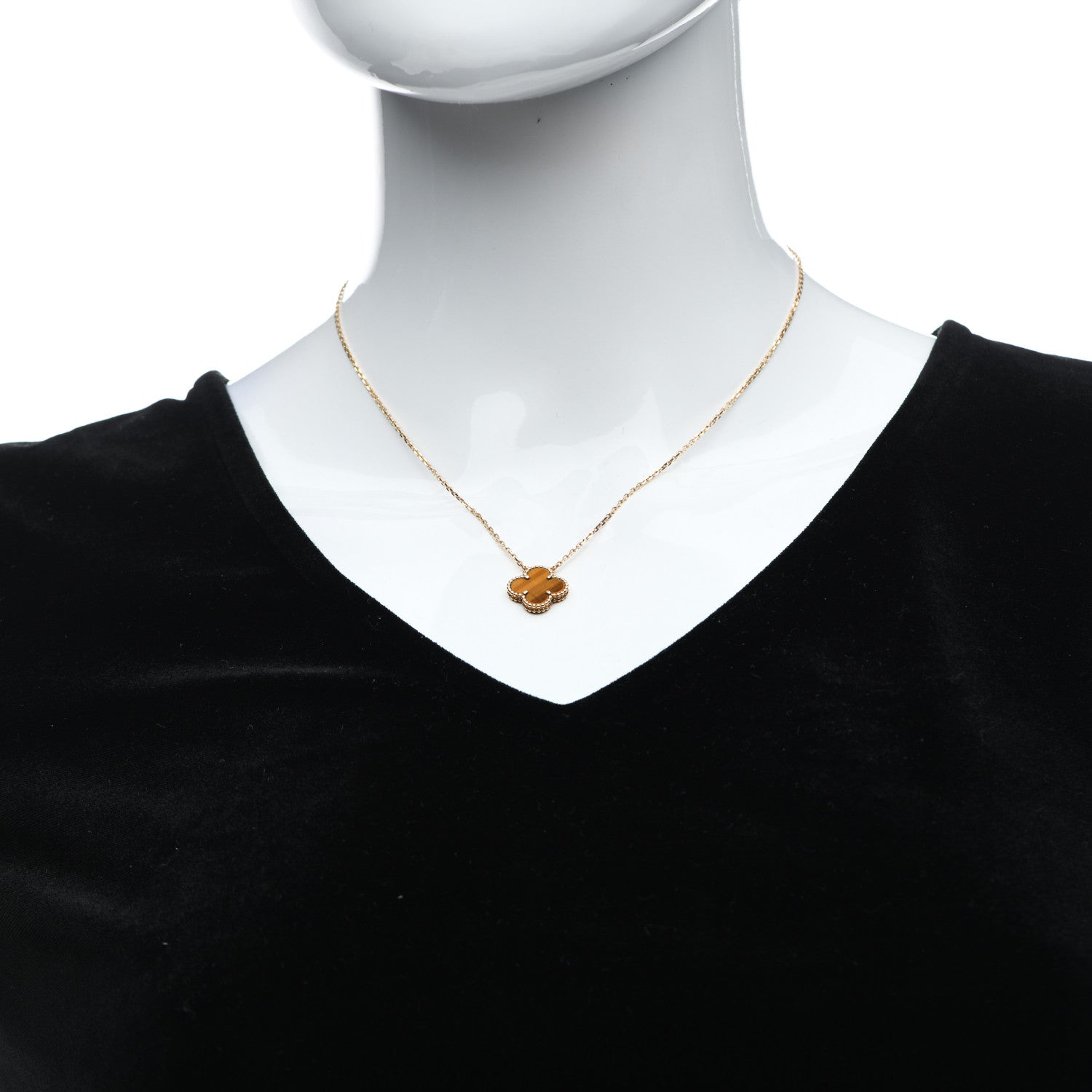 Van Cleef & Arpels 18K Yellow Gold Tiger Eye Vintage Alhambra Pendant Necklace 2 of 6