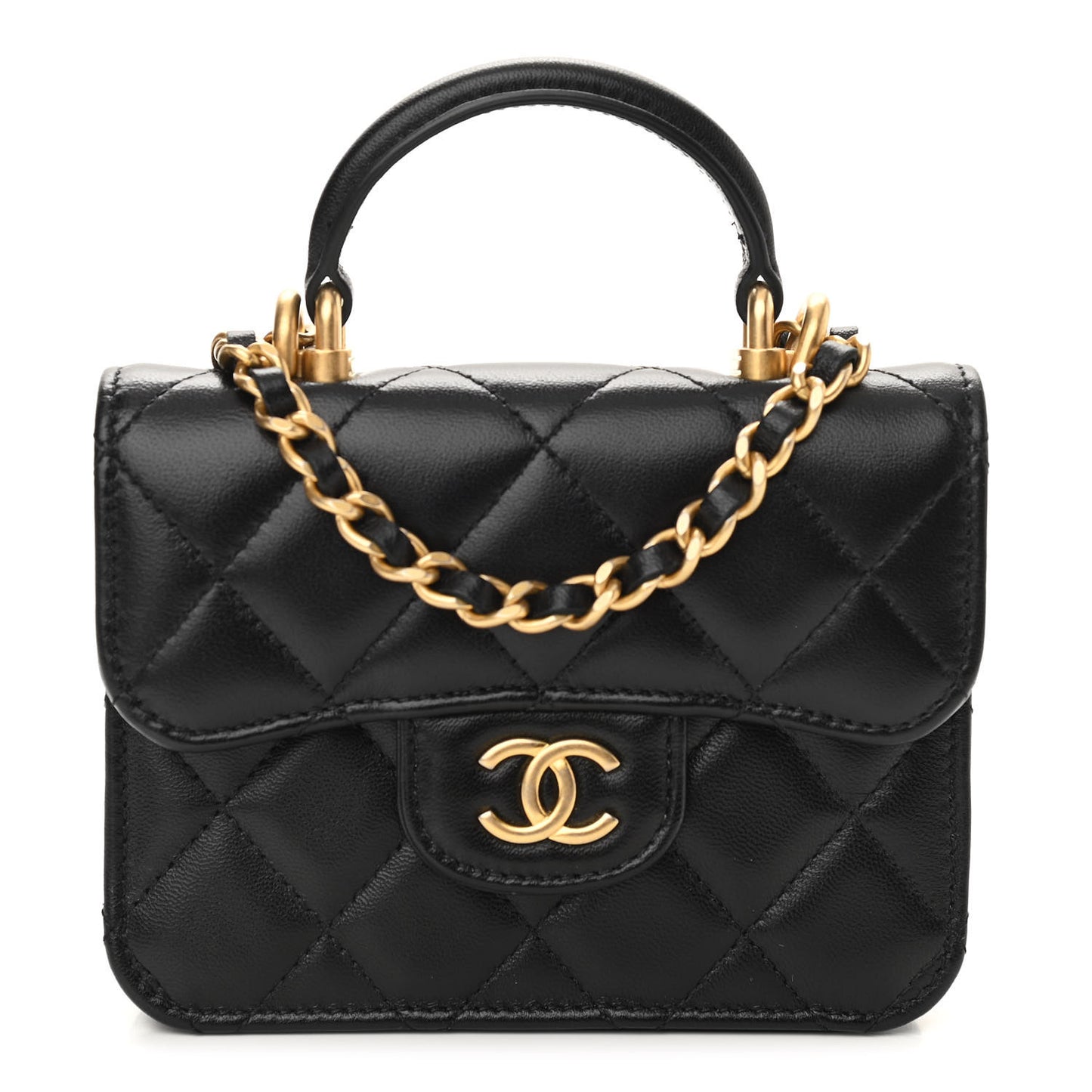 Lambskin Quilted Top Handle Flap Coin Purse With Chain Black