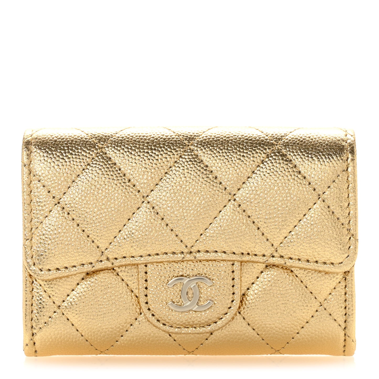 Metallic Caviar Quilted Flap Card Holder Wallet Gold