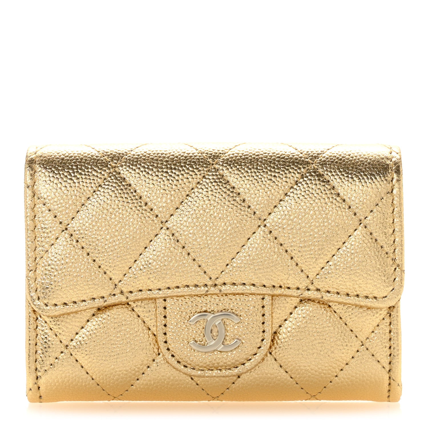 Chanel Metallic Caviar Quilted Flap Card Holder Wallet Gold 1 of 9