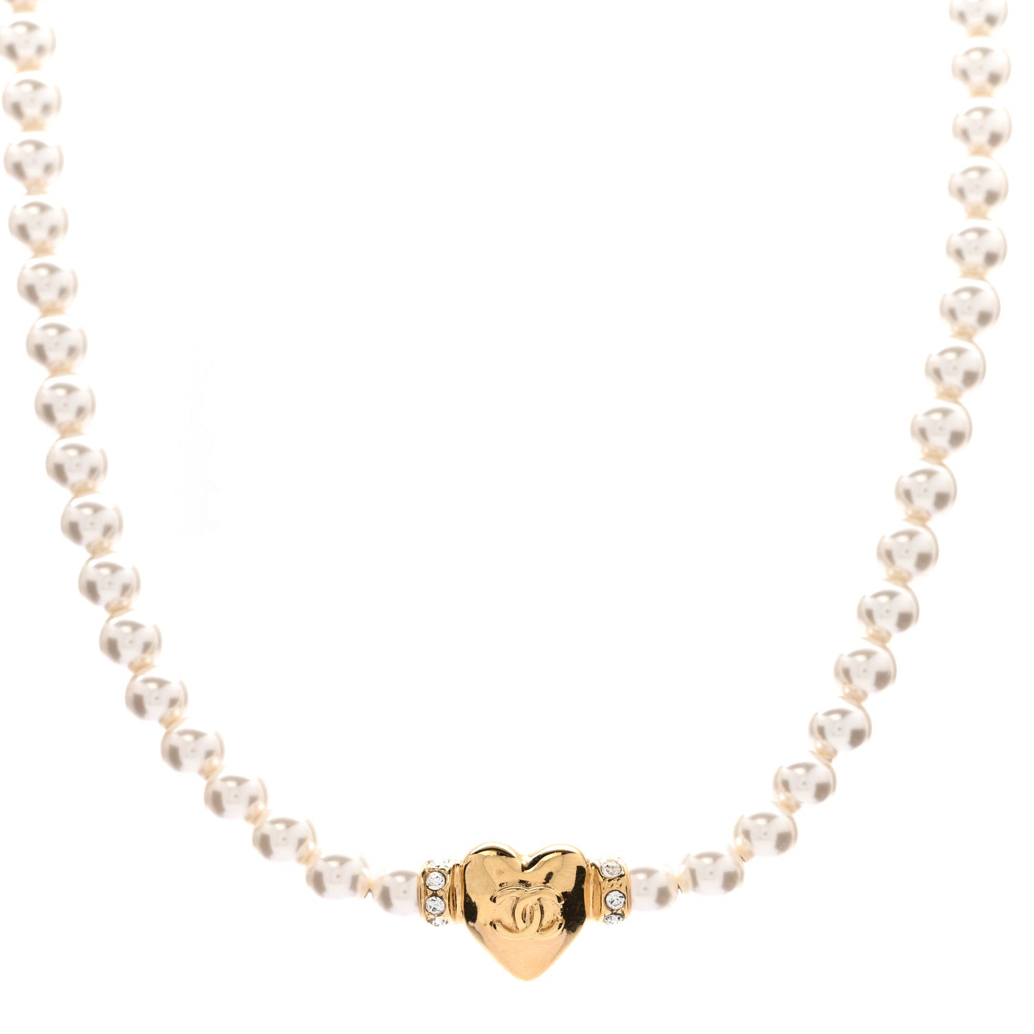 Chanel Crystal Pearl CC Heart Choker Necklace Gold 1 of 6