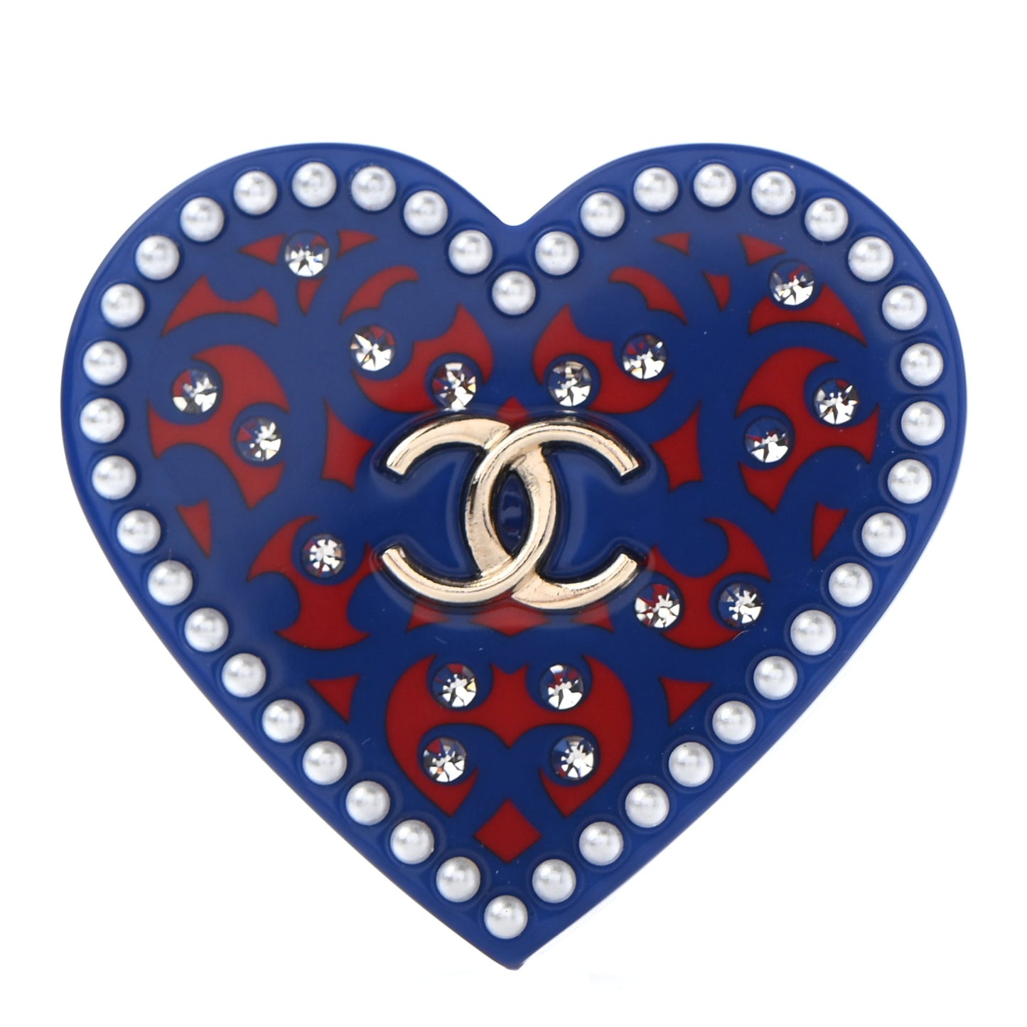 Resin Pearl Crystal CC Heart Brooch Blue
