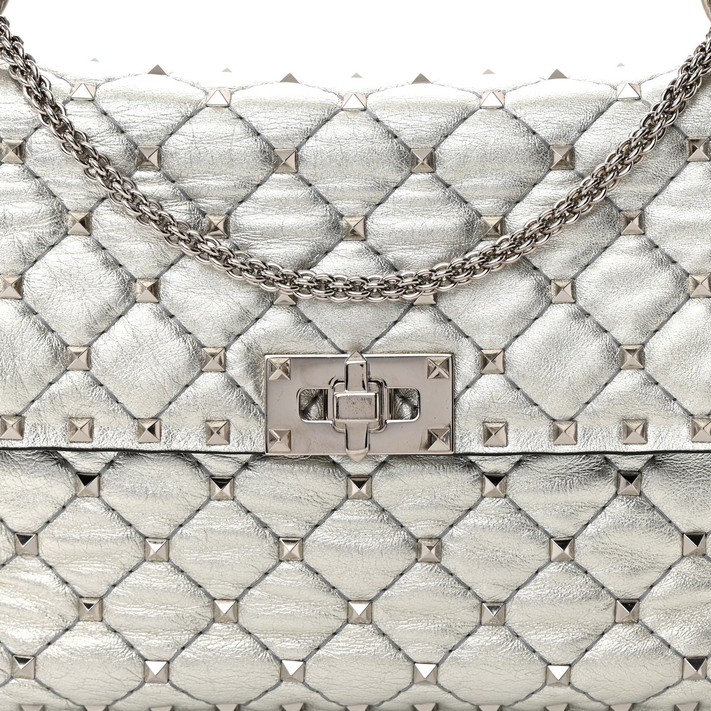 Metallic Nappa Medium Rockstud Spike Shoulder Bag Silver