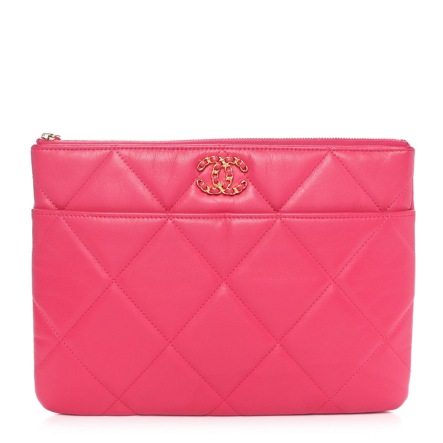 Shiny Goatskin Quilted Chanel 19 Pouch Dark Pink