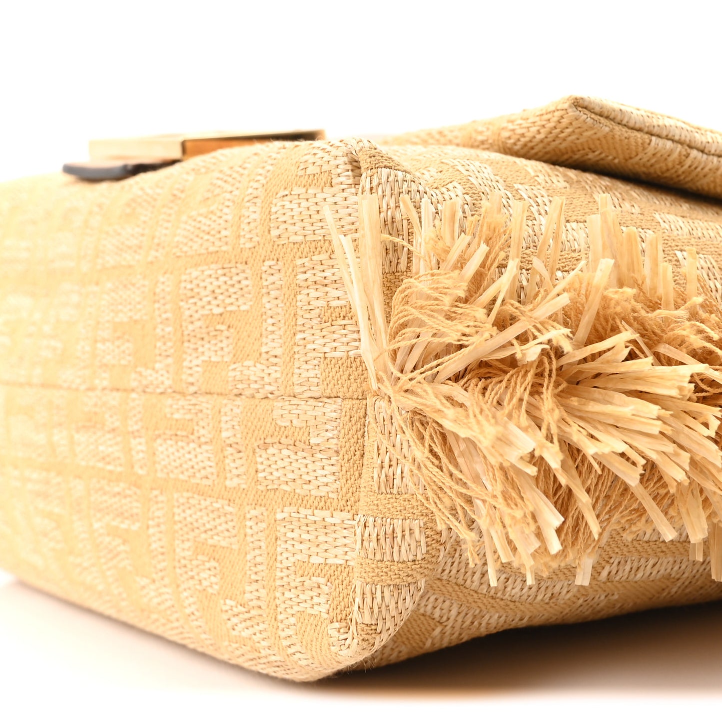 Fabric Jacquard Raffia Straw Fringe Medium Mamma Baguette Beige