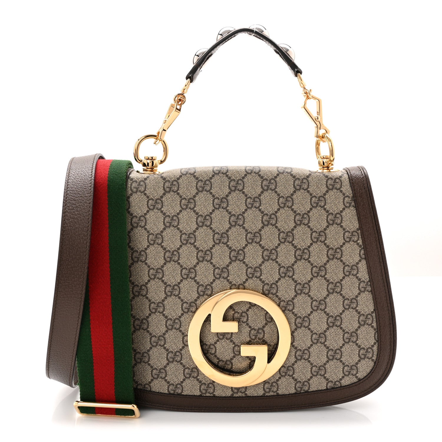 Gucci GG Supreme Monogram Textured Dollar Calfskin Web Medium Blondie Top Handle Shoulder Flap Bag Beige Ebony New Acero 1 of 10