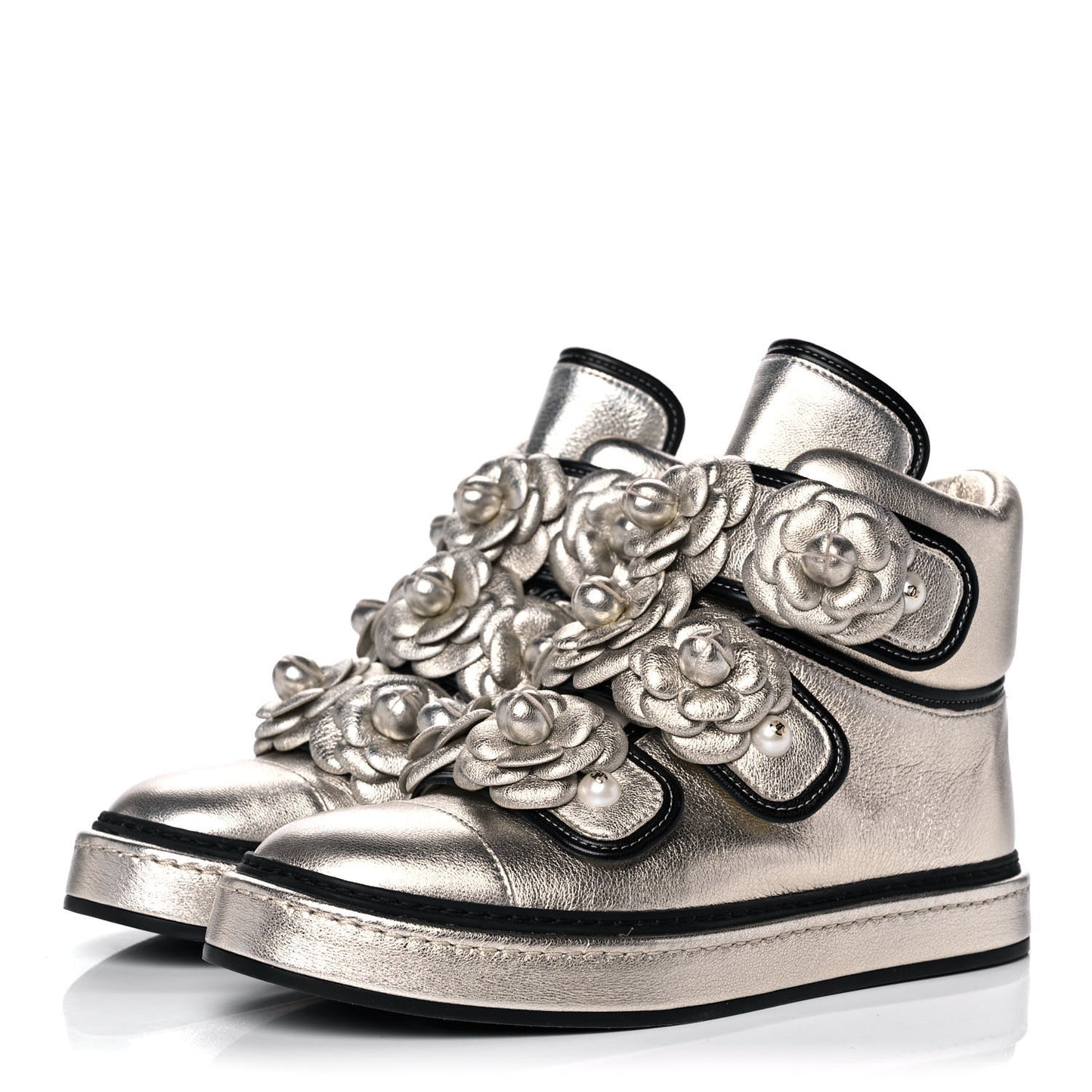 Metallic Lambskin Camellia High Top Sneakers 37 Gold