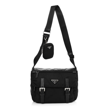 Prada Re-Nylon Vela Saffiano Pocket Double Buckle Messenger Shoulder Bag Black 1 of 13