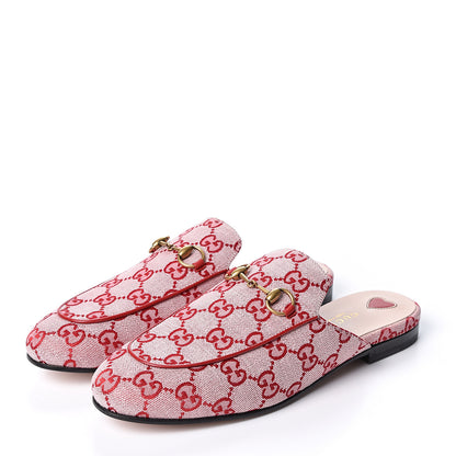 Gucci Canvas GG Monogram Horsebit Womens Princetown Slippers 37.5 Gardenia Hibiscus Red 3 of 10