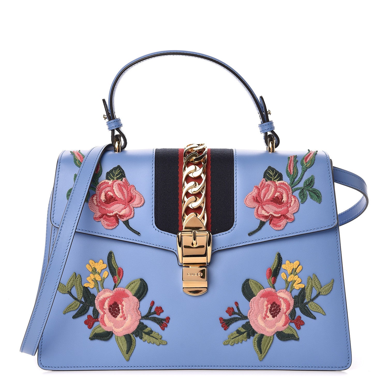 Gucci Calfskin Embroidered Medium Sylvie Top Handle Bag Clear Sky Blue 1 of 10