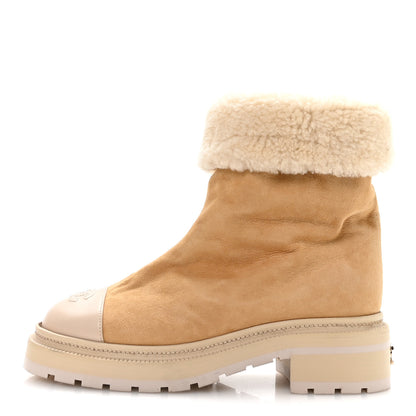 Chanel Suede Shearling Cap Toe Short Boots 38 Beige 1 of 8