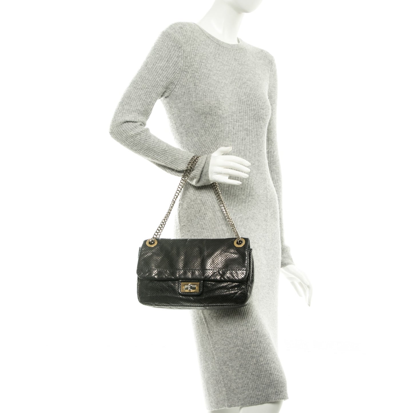 Metallic Crackled Calfskin Large Perforated Drill Flap Black