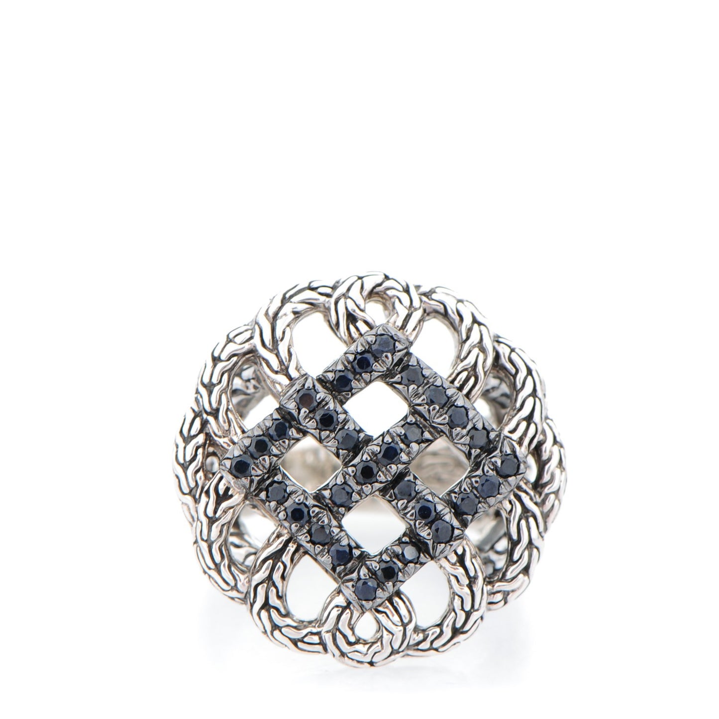 Sterling Silver Black Sapphire Lava Round Woven Braided Ring 7