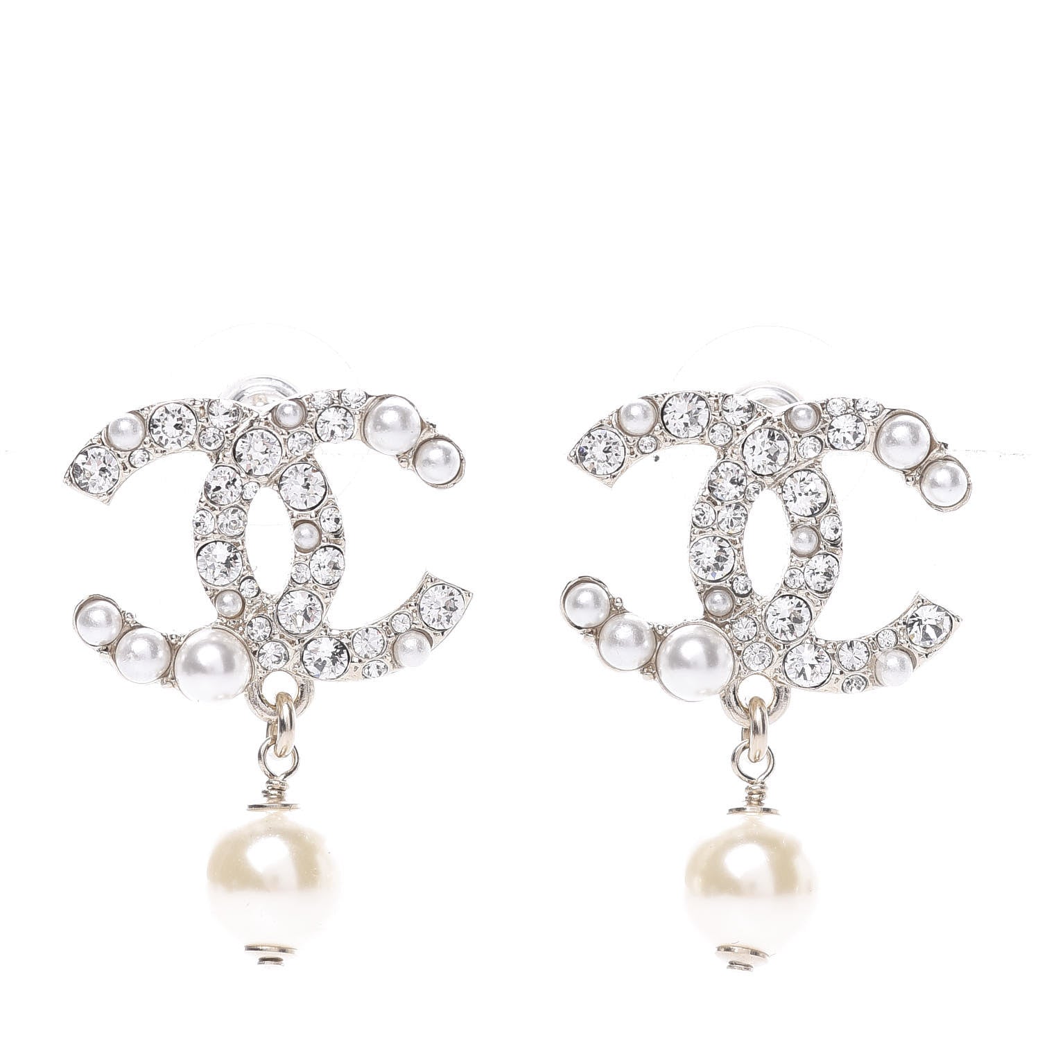 Chanel Pearl Crystal CC Drop Earrings Gold Pearly White 1 of 6