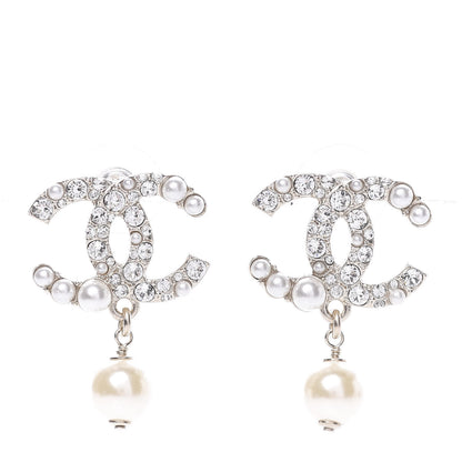 Chanel Pearl Crystal CC Drop Earrings Gold Pearly White 1 of 6