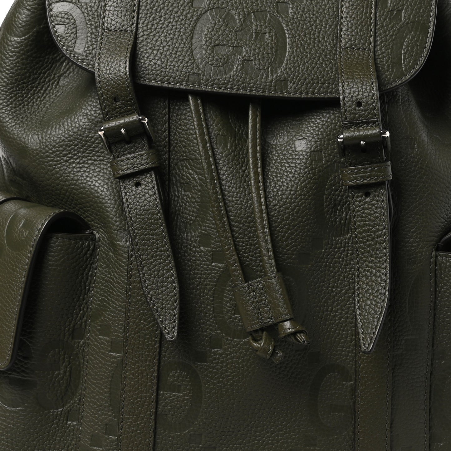 Piuma Calfskin Jumbo GG Embossed Double Buckle Backpack  Vintage Olive