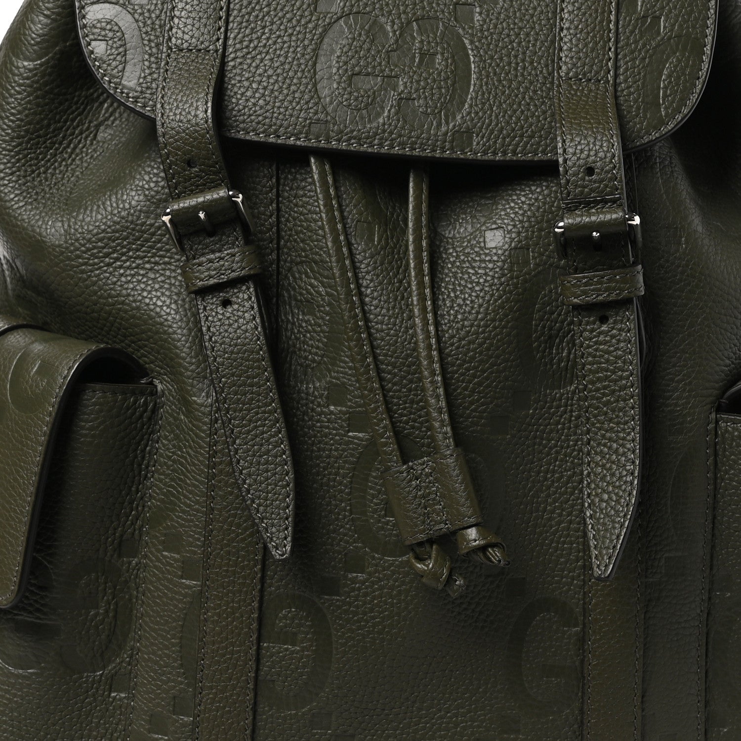 Gucci Piuma Calfskin Jumbo GG Embossed Double Buckle Backpack  Vintage Olive 8 of 10