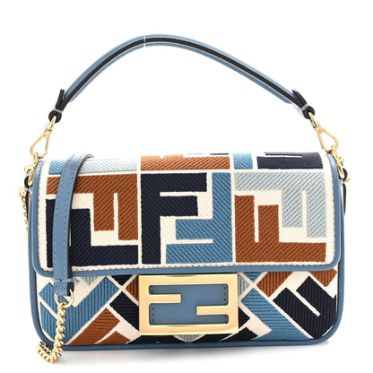 Fendi Canvas Vitello King Seta FF Embroidered Mini Baguette Blue Multicolor 1 of 10