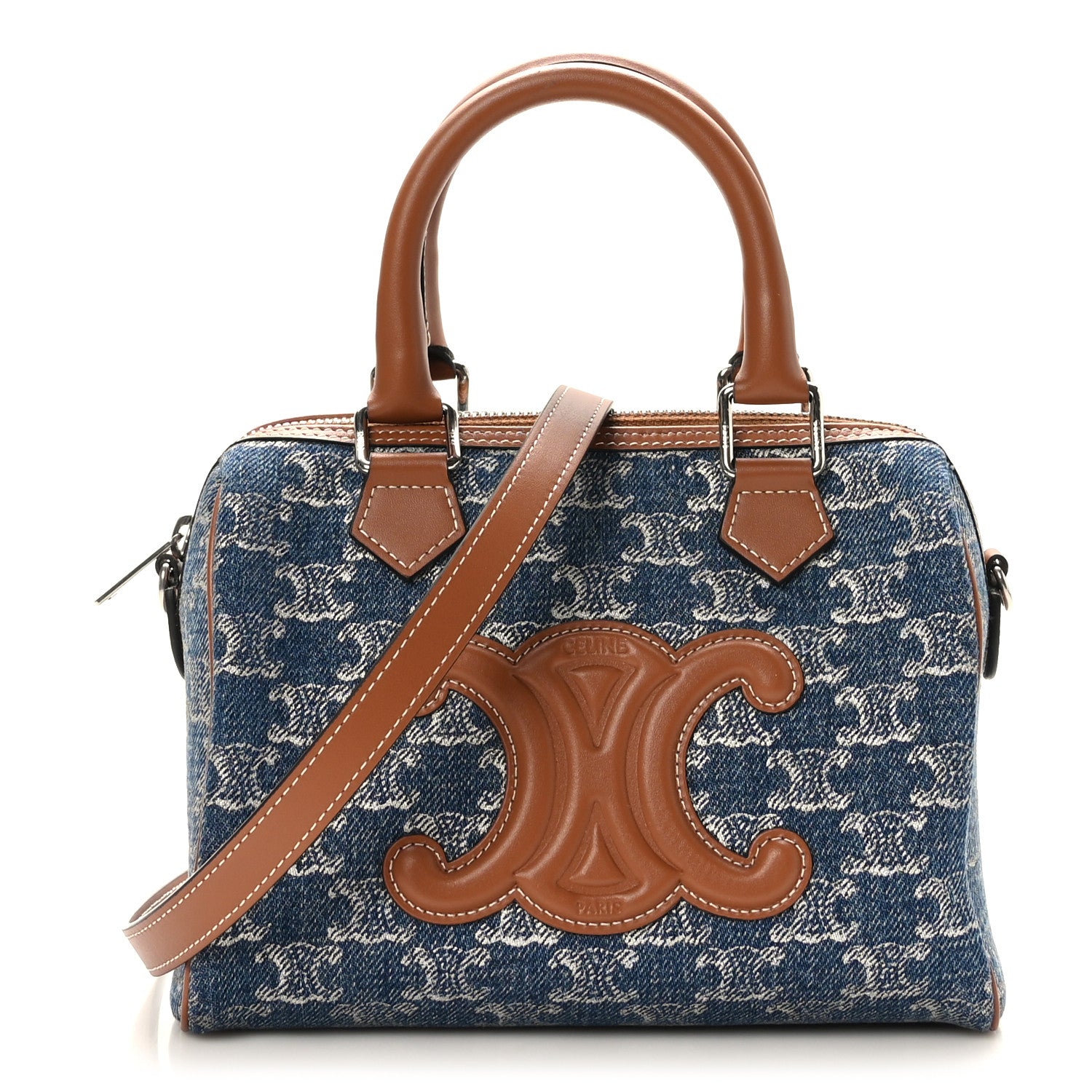 Celine Denim Triomphe All Over Calfskin Small Boston Bag 1 of 9