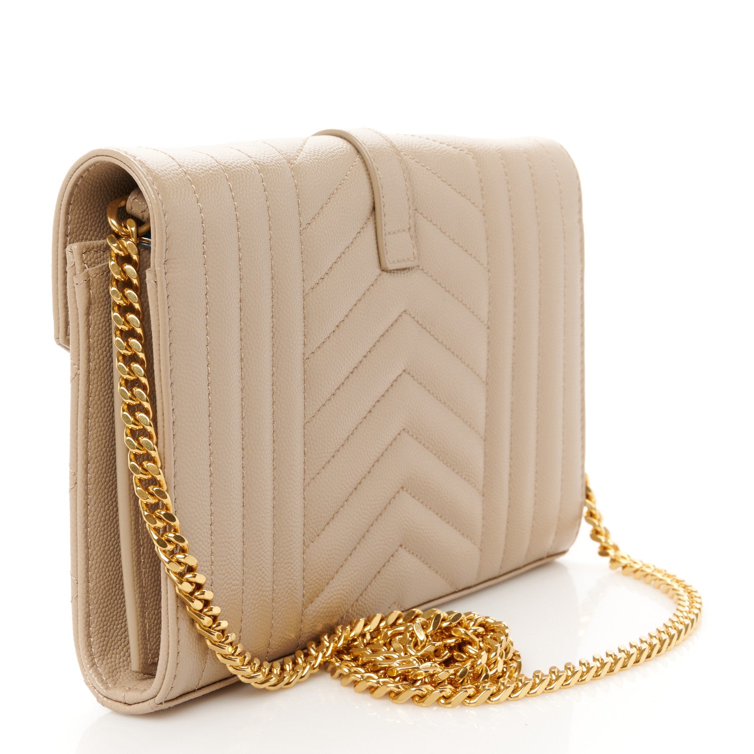 Saint Laurent Grain De Poudre Mixed Matelasse Triquilt Monogram Chain Wallet Dark Beige 3 of 10