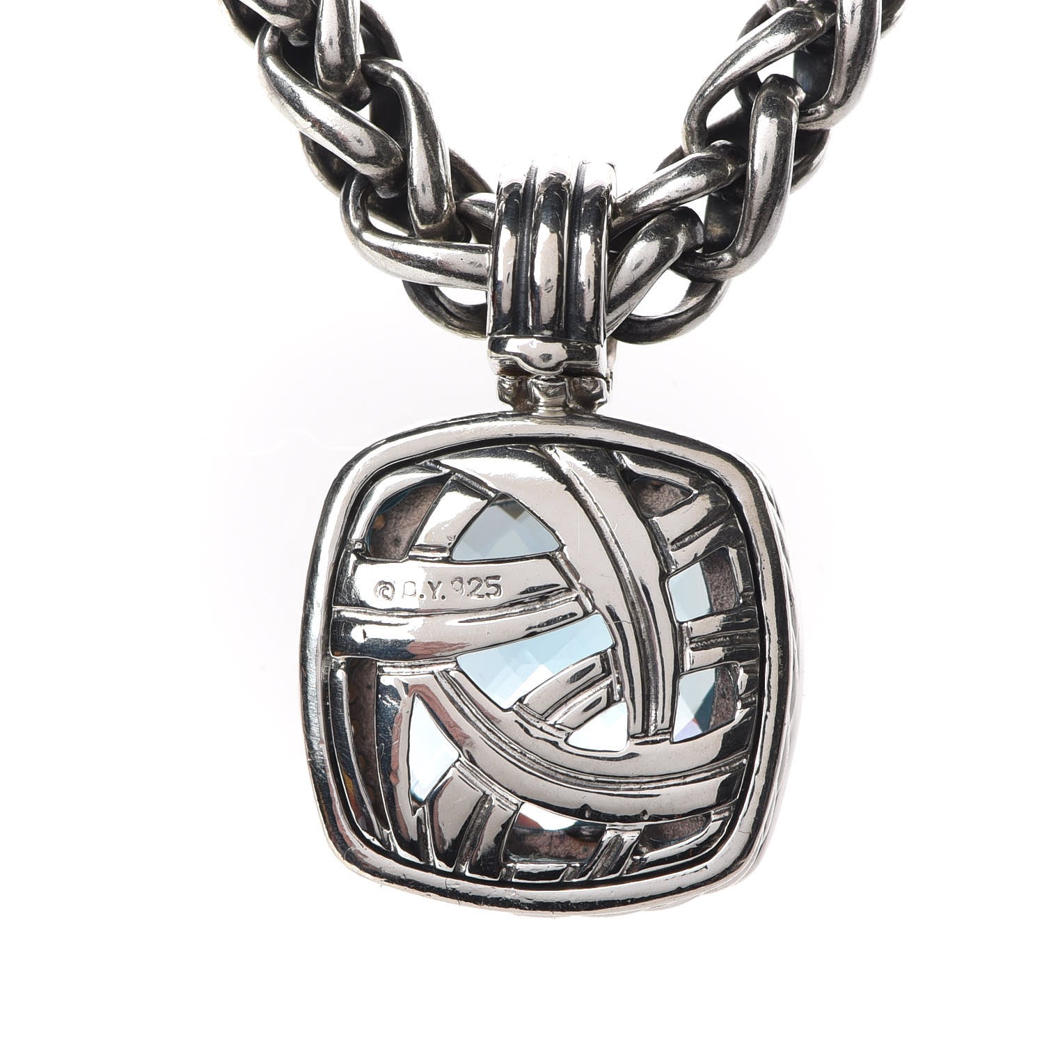 David Yurman Sterling Silver Diamond Blue Topaz 16mm Albion Enhancer Pendant Wheat Chain Necklace 6 of 6