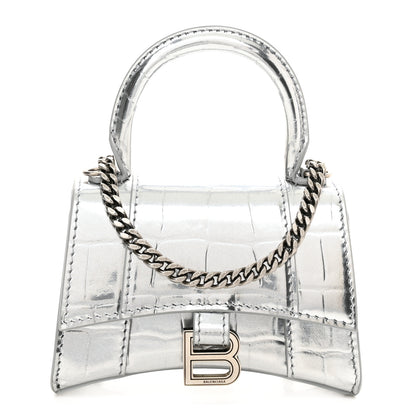 Balenciaga Metallic Calfskin Crocodile Embossed Hourglass Top Handle Bag Mini with Chain Silver 1 of 8