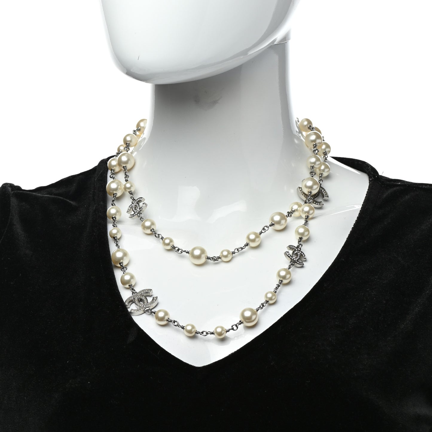 Crystal Pearl CC Long Necklace Silver