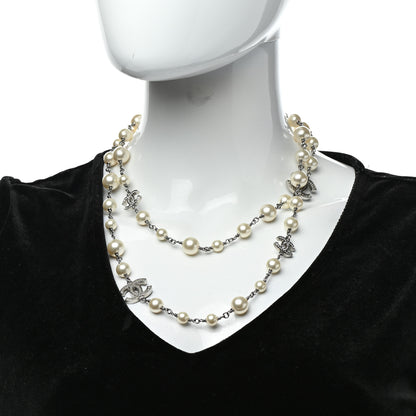 Chanel Crystal Pearl CC Long Necklace Silver 2 of 5