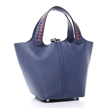 Hermes Epsom Tressage De Cuir Picotin Lock 18 PM Bleu Brighton Capucine Bleu Saphir 3 of 9