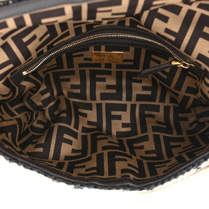 Fendi Raffia Vitello Dolce FF 1974 Crochet Baguette Black Natural 5 of 9