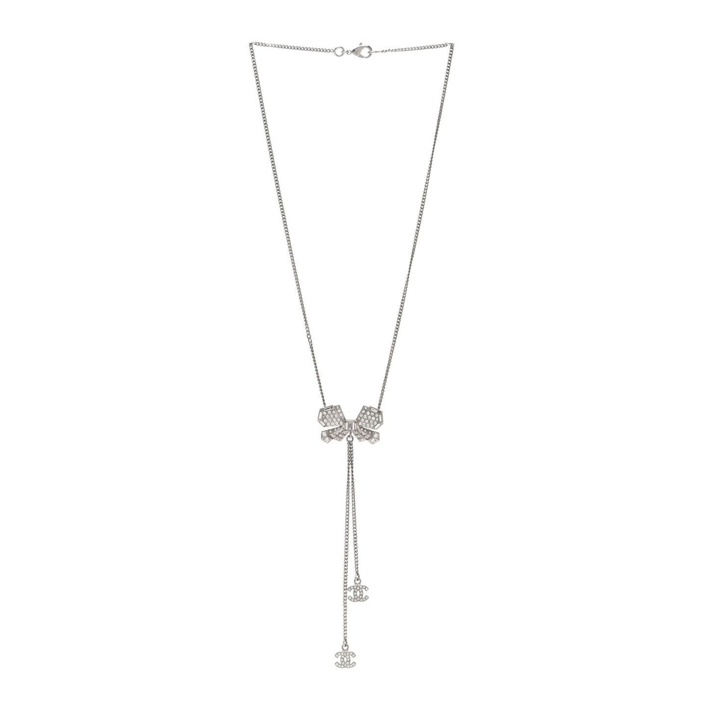 Crystal CC Bow Drop Necklace Silver
