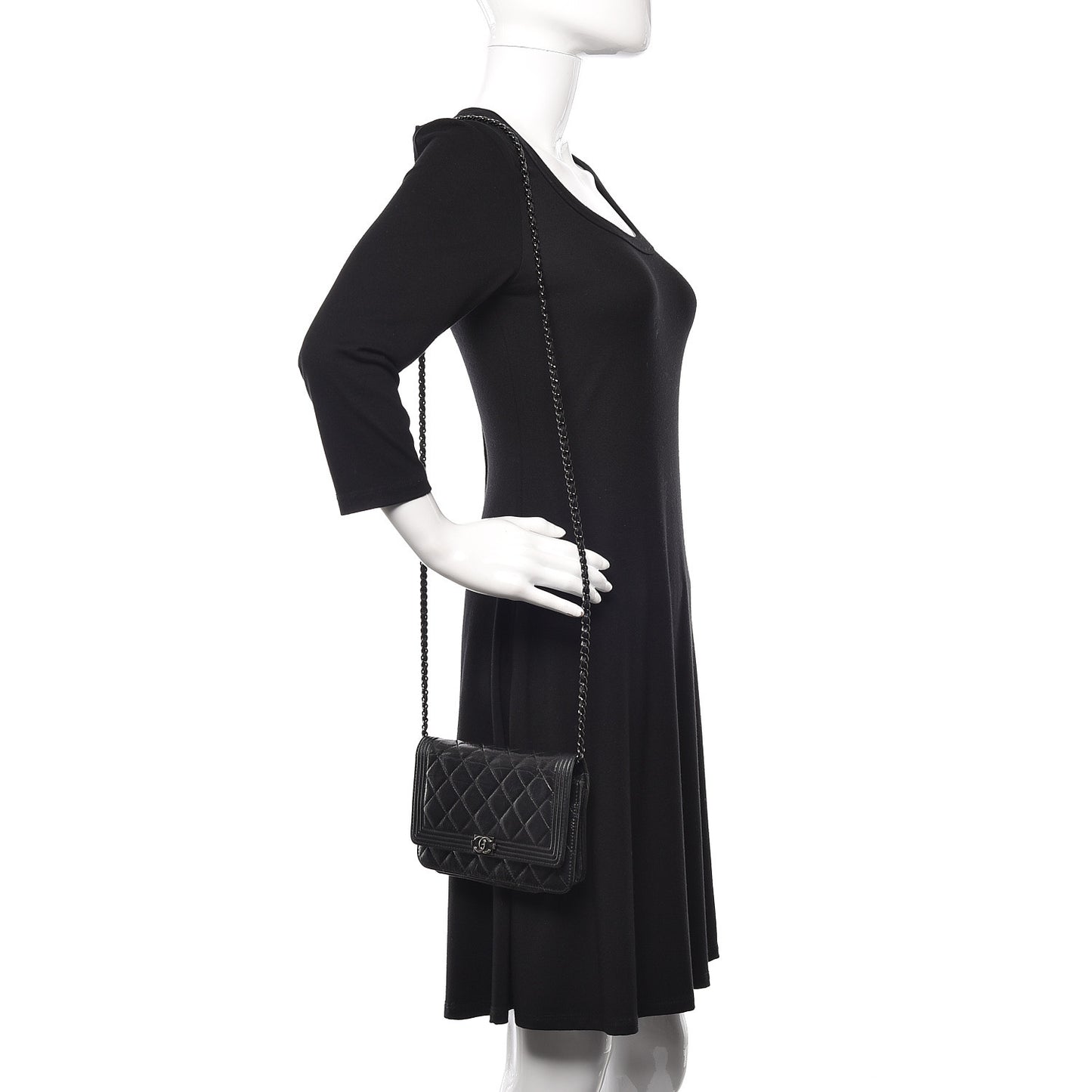 Shiny Aged Calfskin Quilted Boy Wallet On Chain WOC Black