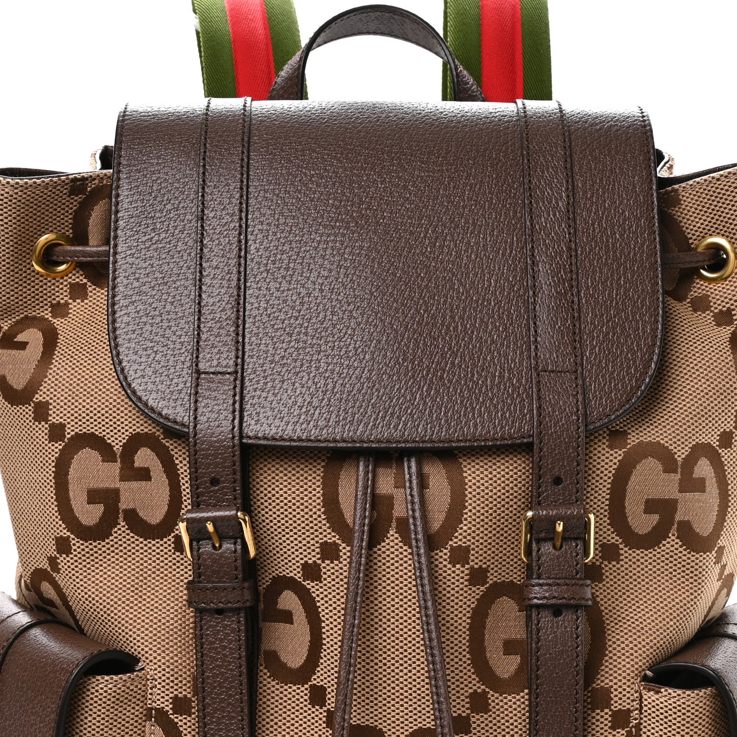 Gucci Monogram Jumbo GG Textured Dollar Calfskin Web Double Buckle Backpack Camel Ebony New Acero Camel Ebony New Acero 6 of 8