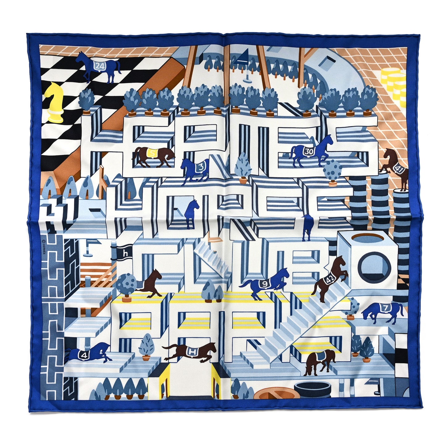 Silk Horse Club Detail Scarf 45 Bleu Moyen Ciel Jaune
