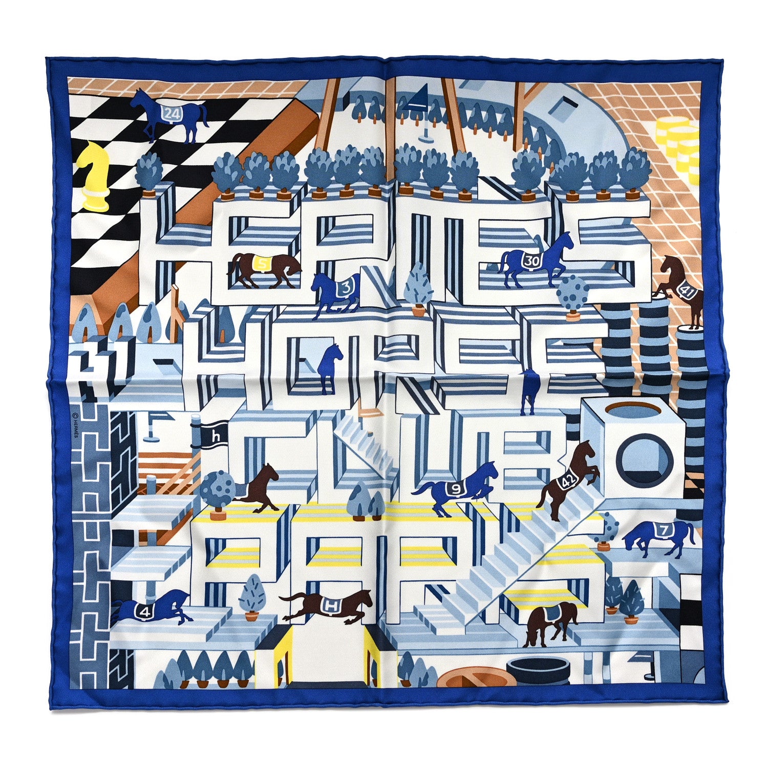 Hermes Silk Horse Club Detail Scarf 45 Bleu Moyen Ciel Jaune 1 of 3