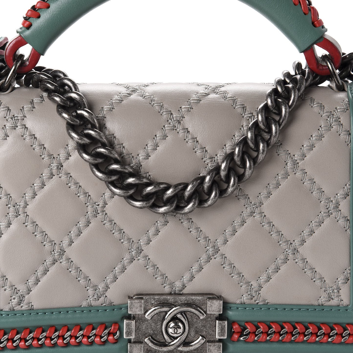 Calfskin Quilted Medium Boy Top Handle Flap Grey