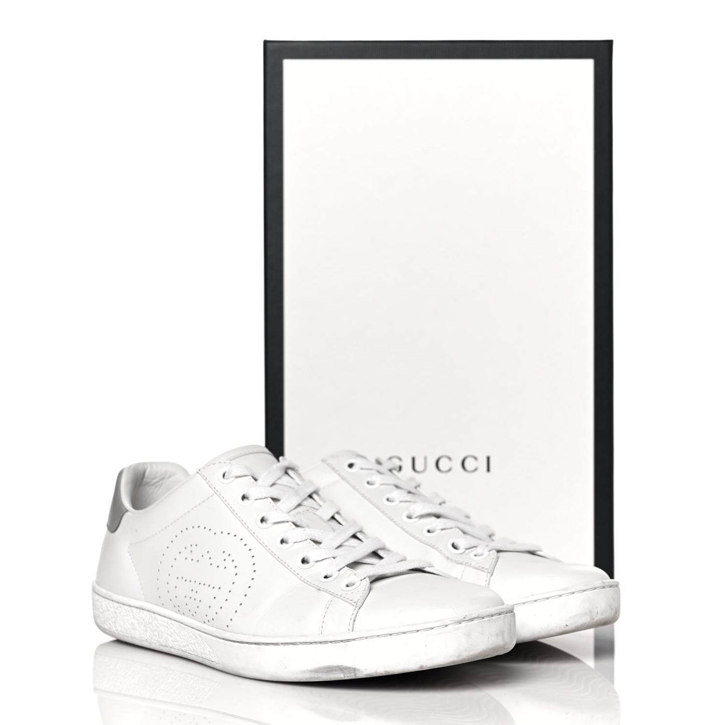 Calfskin Interlocking G Perforated Womens Ace Sneakers 38 White Grey Sky