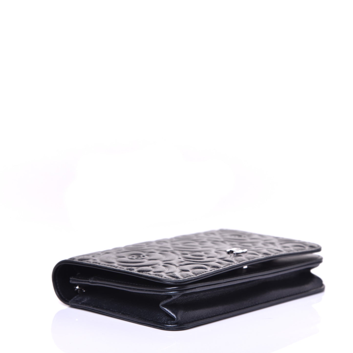 Goatskin Camellia Embossed Wallet on Chain WOC Black
