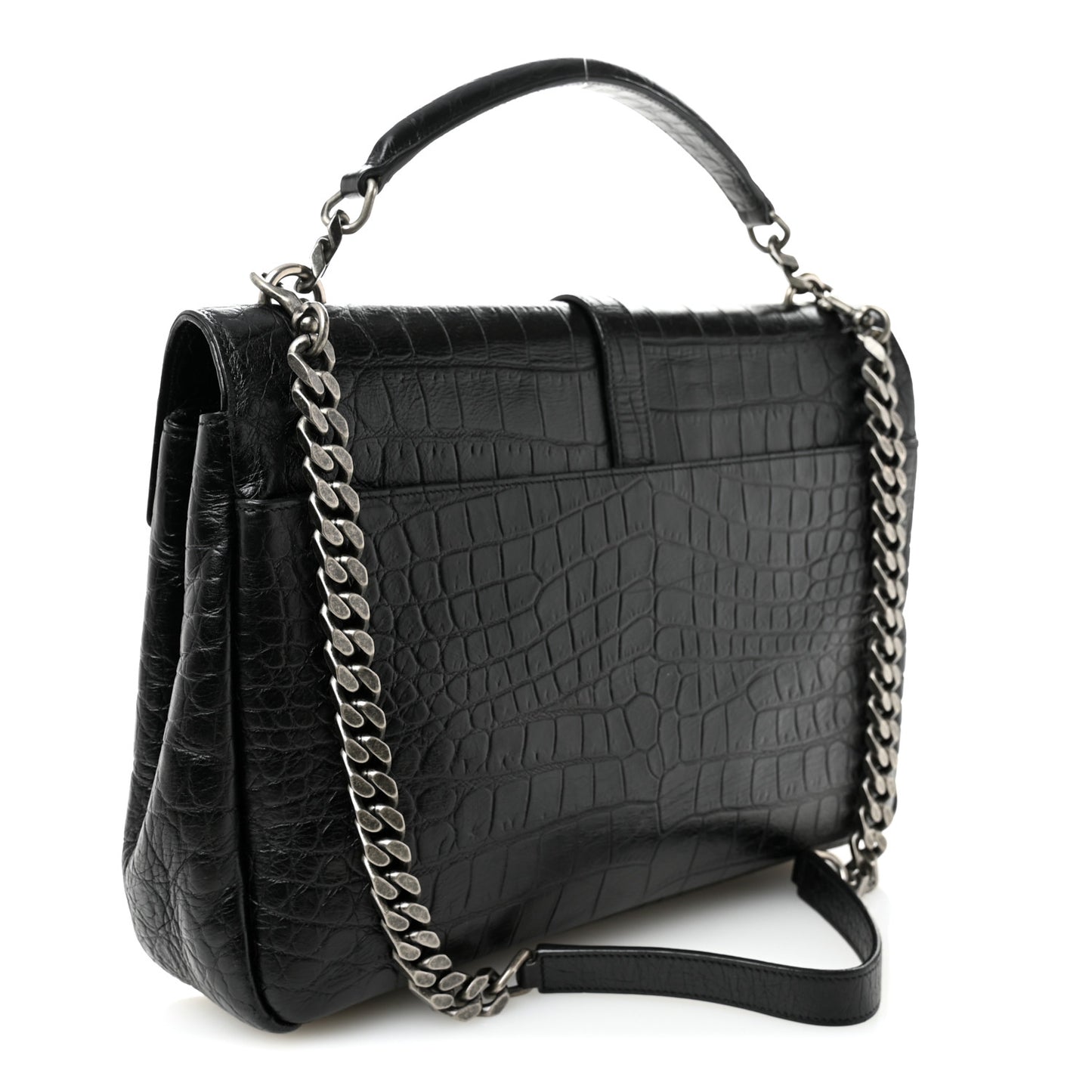 Calfskin Crocodile Embossed Large College Monogram Satchel Black