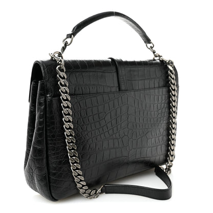 Saint Laurent Calfskin Crocodile Embossed Large College Monogram Satchel Black 3 of 11