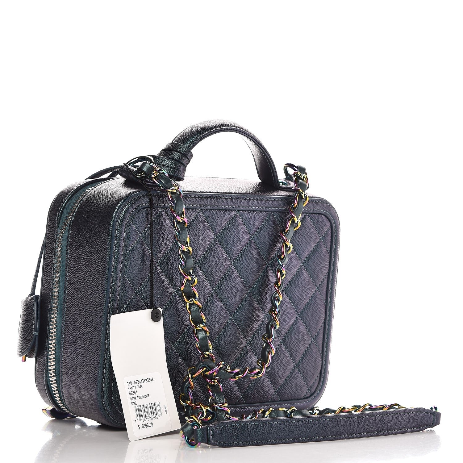 Chanel Iridescent Caviar Quilted Medium CC Filigree Vanity Case Dark Turquoise 3 of 9