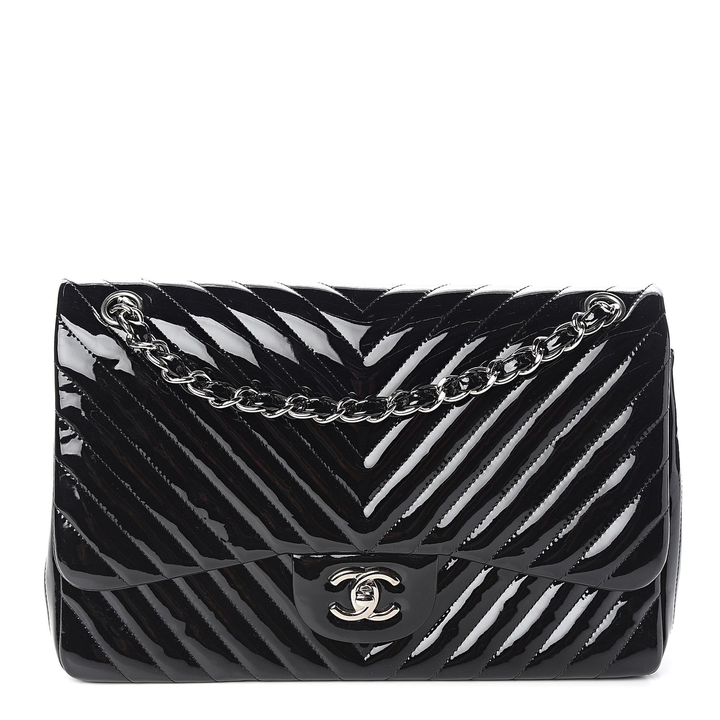 Patent Chevron Quilted Jumbo Double Flap Black