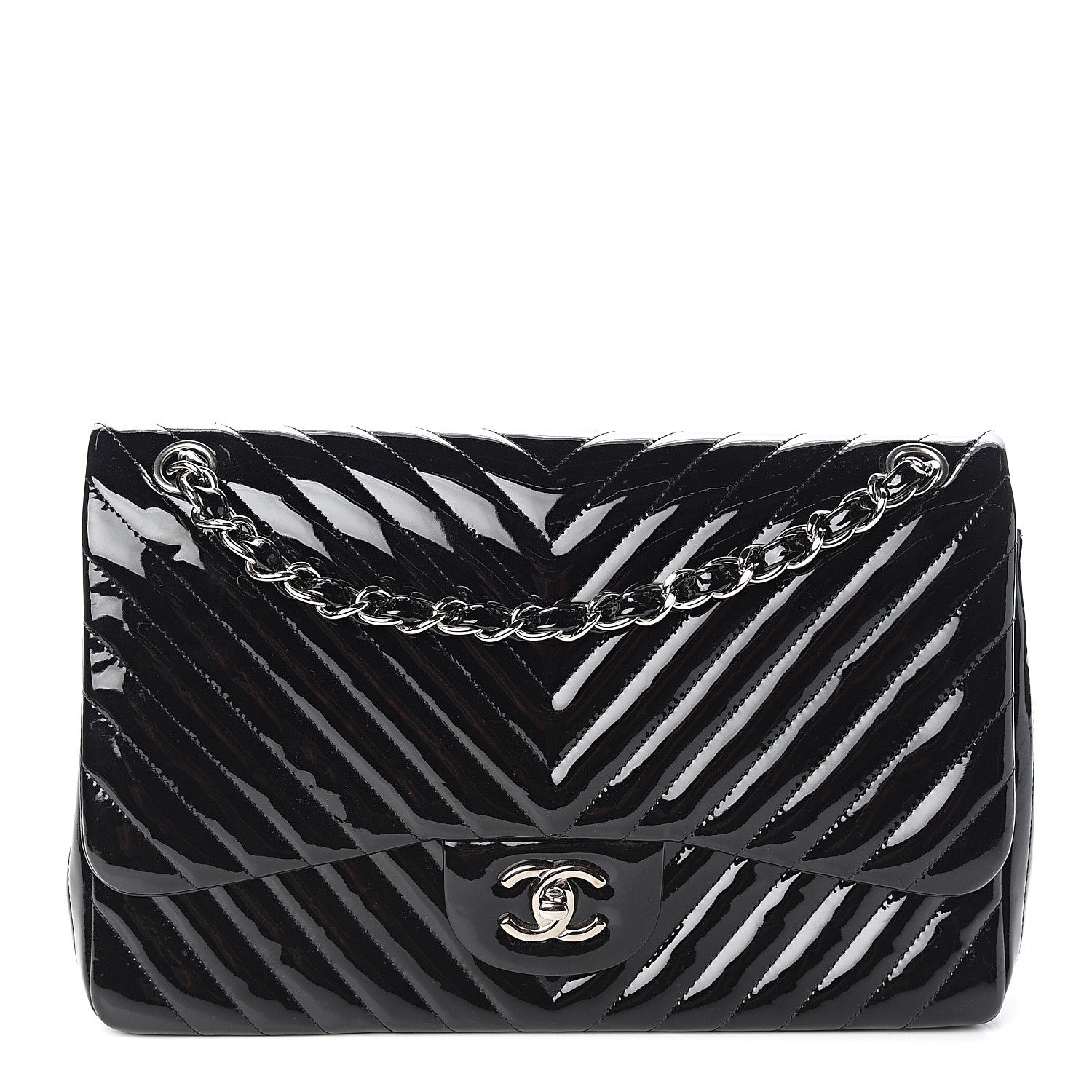 Chanel Patent Chevron Quilted Jumbo Double Flap Black 1 of 9