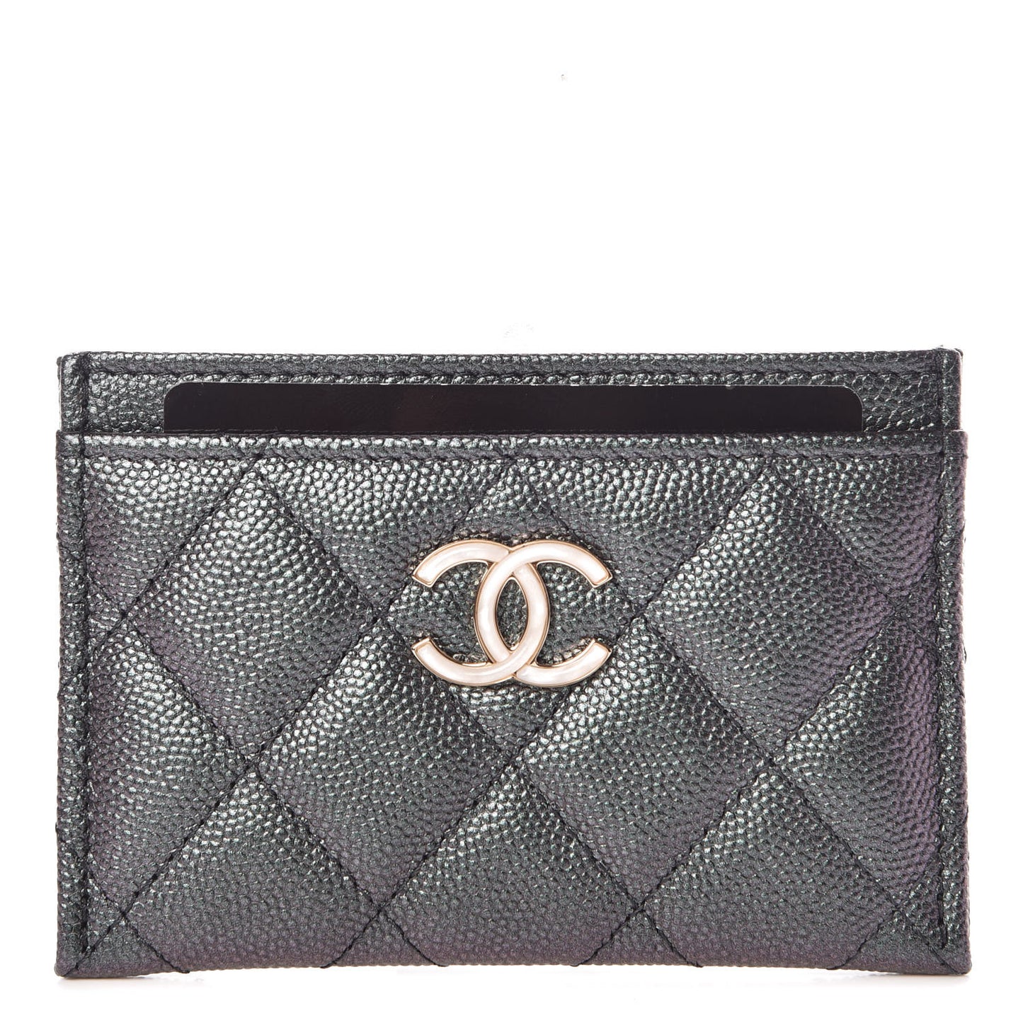 Iridescent Caviar Quilted Card Holder Black