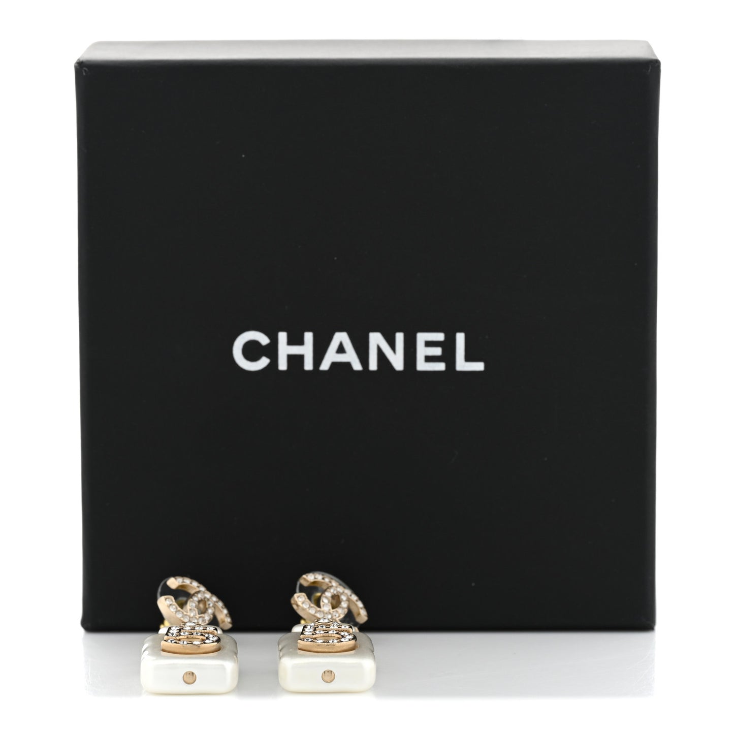 Pearl Resin Crystal CC No 5 Perfume Bottle Drop Earrings Gold Pearly White